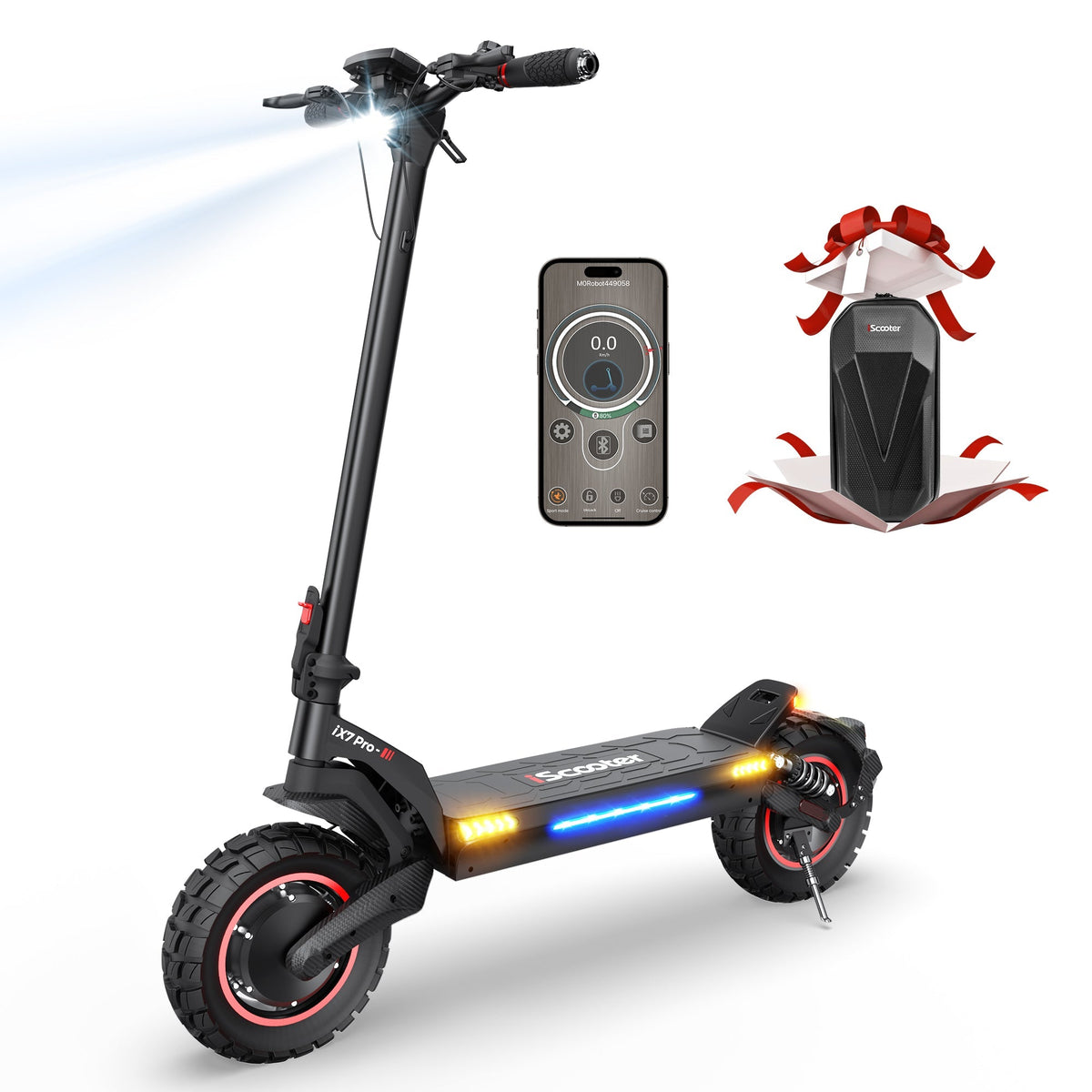 iScooter iX7 Pro dual-motor off-road folding electric scooter: dual 1200W motors (2400W peak combined), 38 mph top speed, 720Wh battery, 10-inch tubeless off-road tires, dual suspension, EABS plus double disc brakes, turn lights, ambient lights, 65.5 lb folded, 330 lb max load