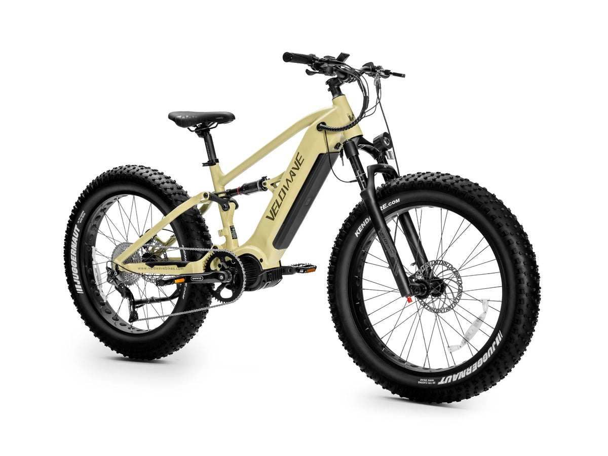 Olive Green Brawny XM front three-quarter studio view with air fork, headlight and disc rotor
