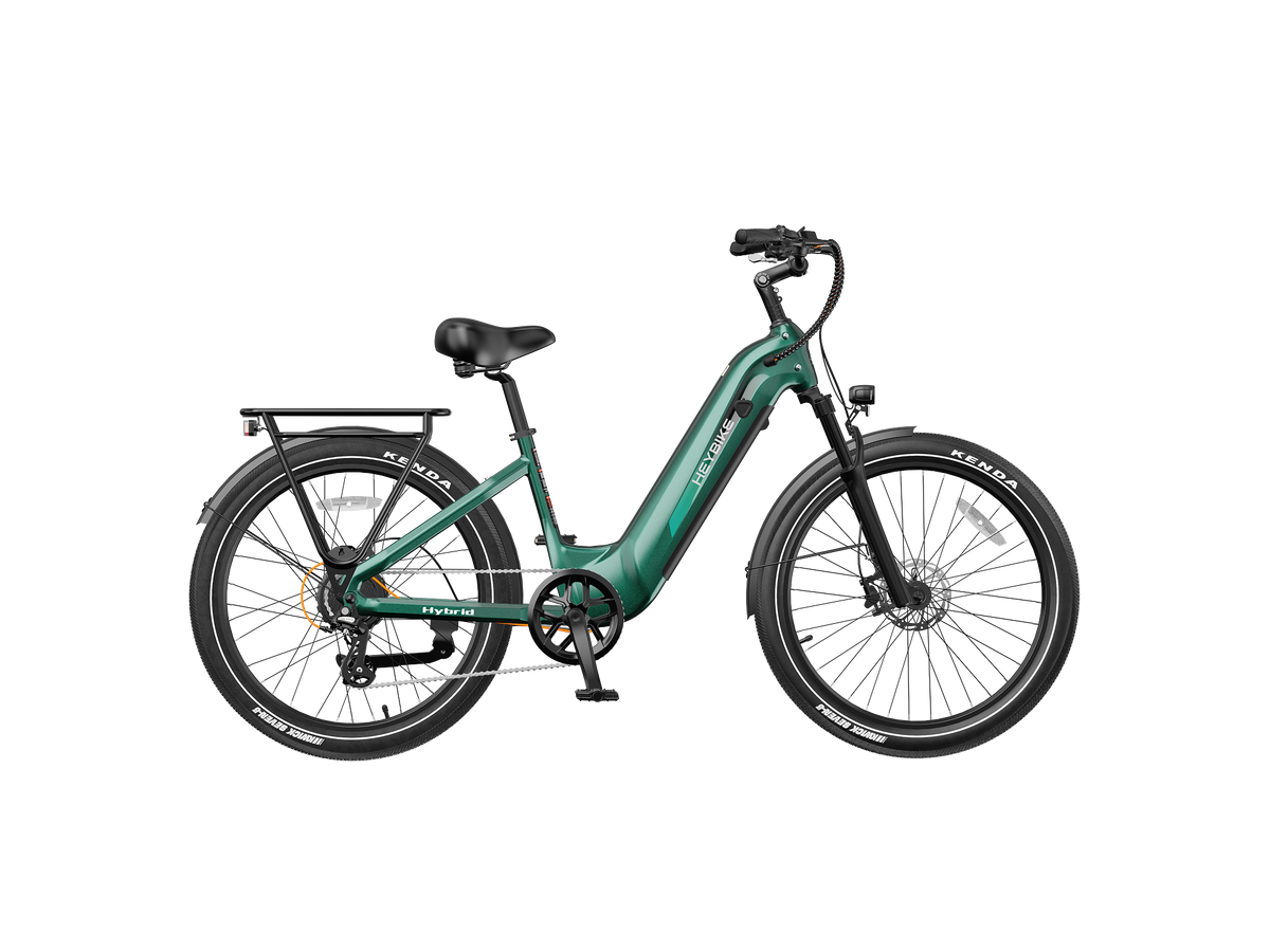 Heybike Hybrid Class 2/3 electric commuter bike with 750W rated rear-hub motor, 27.5 by 2.4 inch KENDA tires, Tektro hydraulic disc brakes, Shimano Altus 8-speed gearing, 6061 aluminum frame, hydraulic front fork, integrated turn-signal lighting, and an 864Wh battery on a UL 2849 certified electrical system