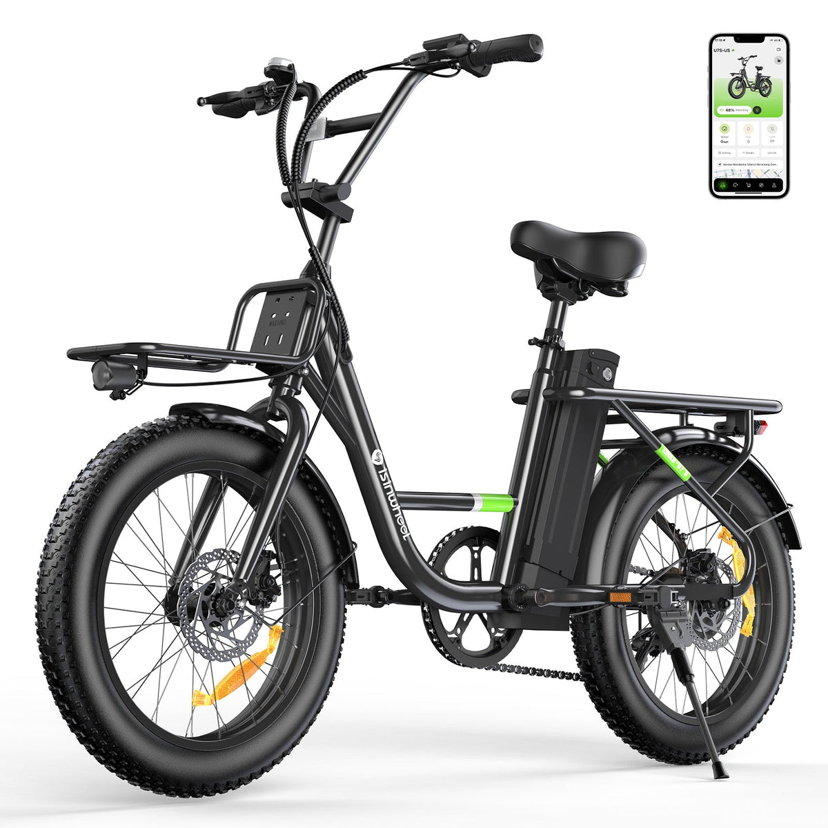 Black isinwheel U7 step-through cargo electric bike with front rack and rear rack, 20-inch fat tires, padded saddle, and the isinwheel Club app on a phone