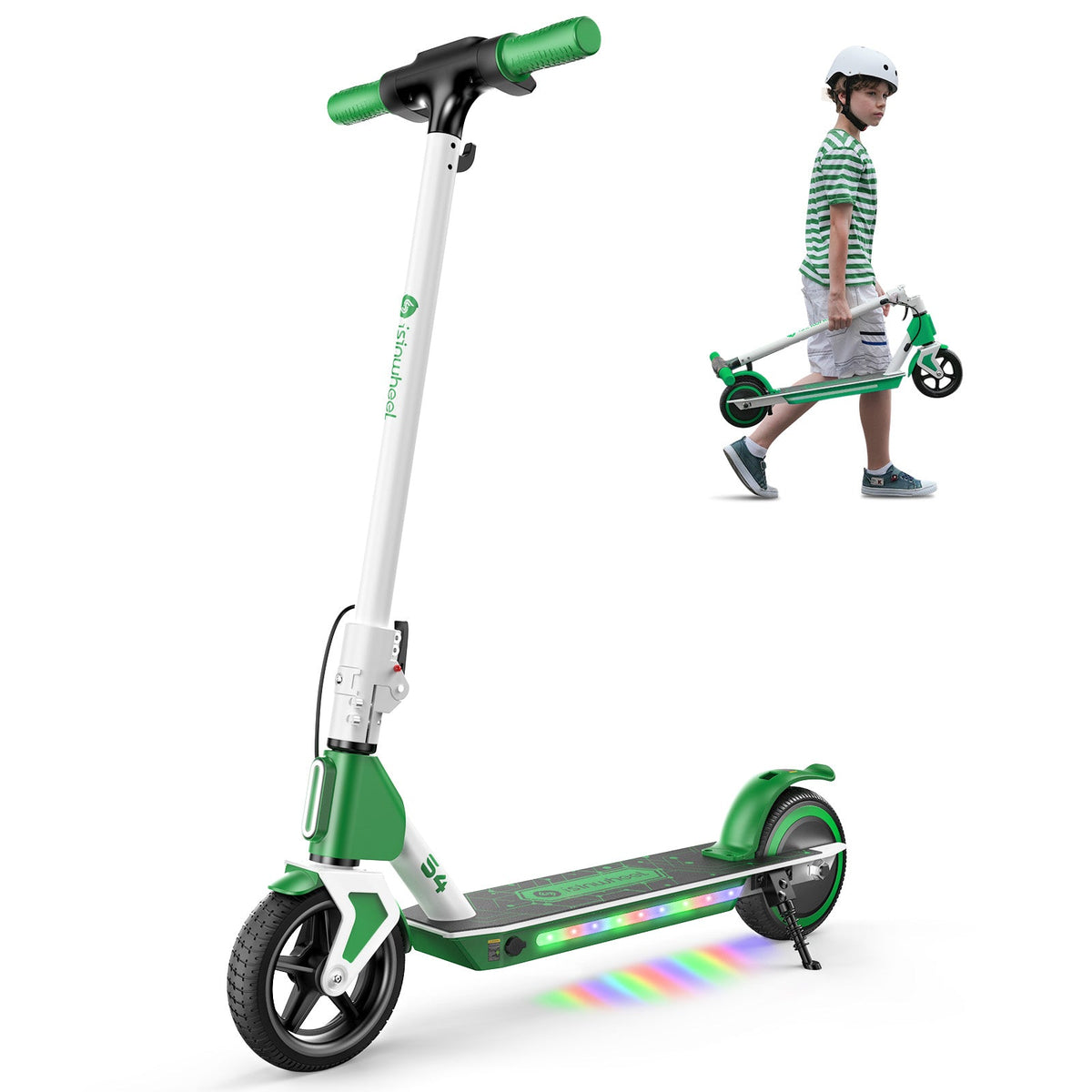 Green isinwheel S4 kids scooter with child carrying the scooter