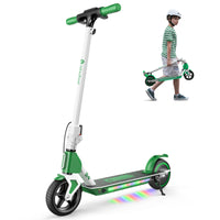 Green isinwheel S4 kids scooter with child carrying the scooter