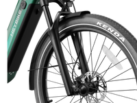 Heybike Hybrid Class 2/3 electric commuter bike with 750W rated rear-hub motor, 27.5 by 2.4 inch KENDA tires, Tektro hydraulic disc brakes, Shimano Altus 8-speed gearing, 6061 aluminum frame, hydraulic front fork, integrated turn-signal lighting, and an 864Wh battery on a UL 2849 certified electrical system