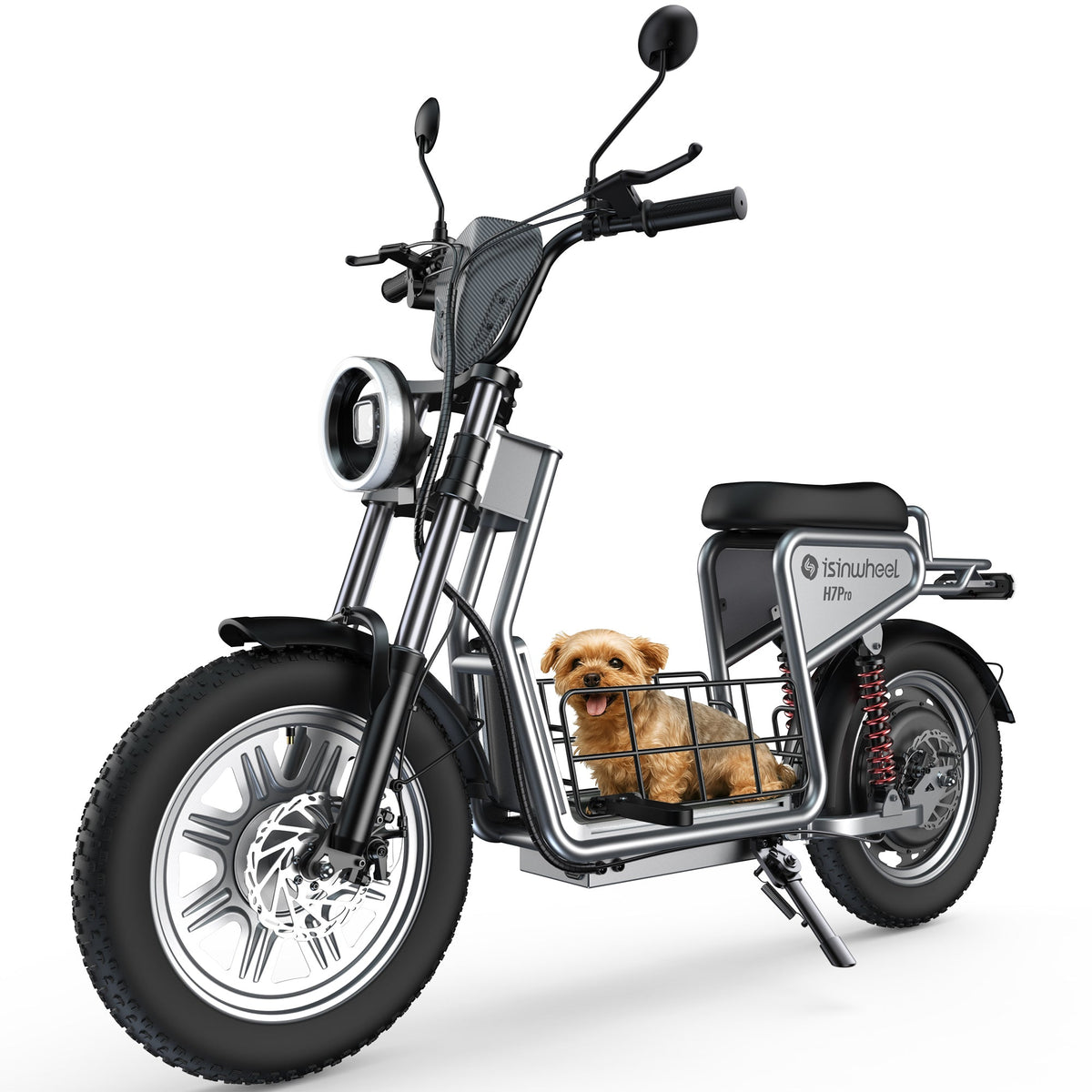 Front three-quarter view of the gray isinwheel H7Pro seated electric scooter with a small dog in the basket