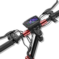 Close view of the GT2 display, thumb throttle, brake levers, and turn-signal controls