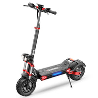 iScooter iX8 off-road dual-motor electric scooter with 12-inch off-road pneumatic tires, dual front and rear suspension, dual hydraulic disc brakes with EBAS rear anti-lock, full-color LCD, and a 38 mph top-speed claim