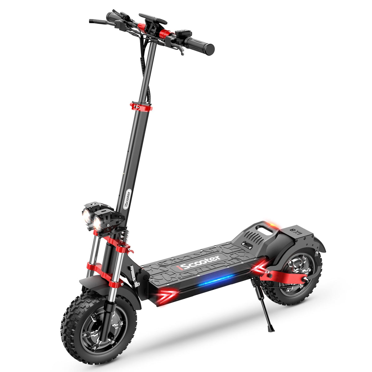 iScooter iX8 off-road dual-motor electric scooter with 12-inch off-road pneumatic tires, dual front and rear suspension, dual hydraulic disc brakes with EBAS rear anti-lock, full-color LCD, and a 38 mph top-speed claim