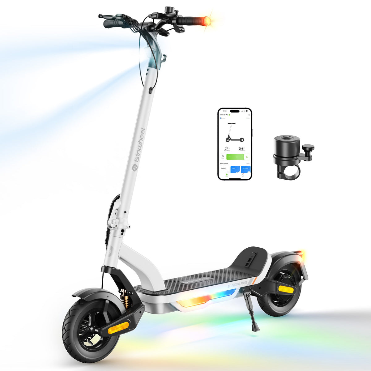 White S Nova Pro shown with its included AirTag-compatible handlebar bell accessory beside the isinwheel Club app screen