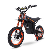 Black and orange Freeboy Y01 electric dirt bike in front three-quarter studio view
