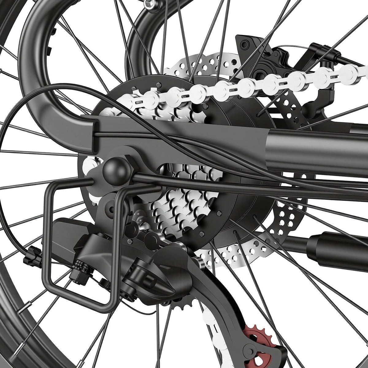 Close-up of the isinwheel U7 rear 7-speed cassette, chain, derailleur, and disc brake rotor with the rear wheel spokes visible