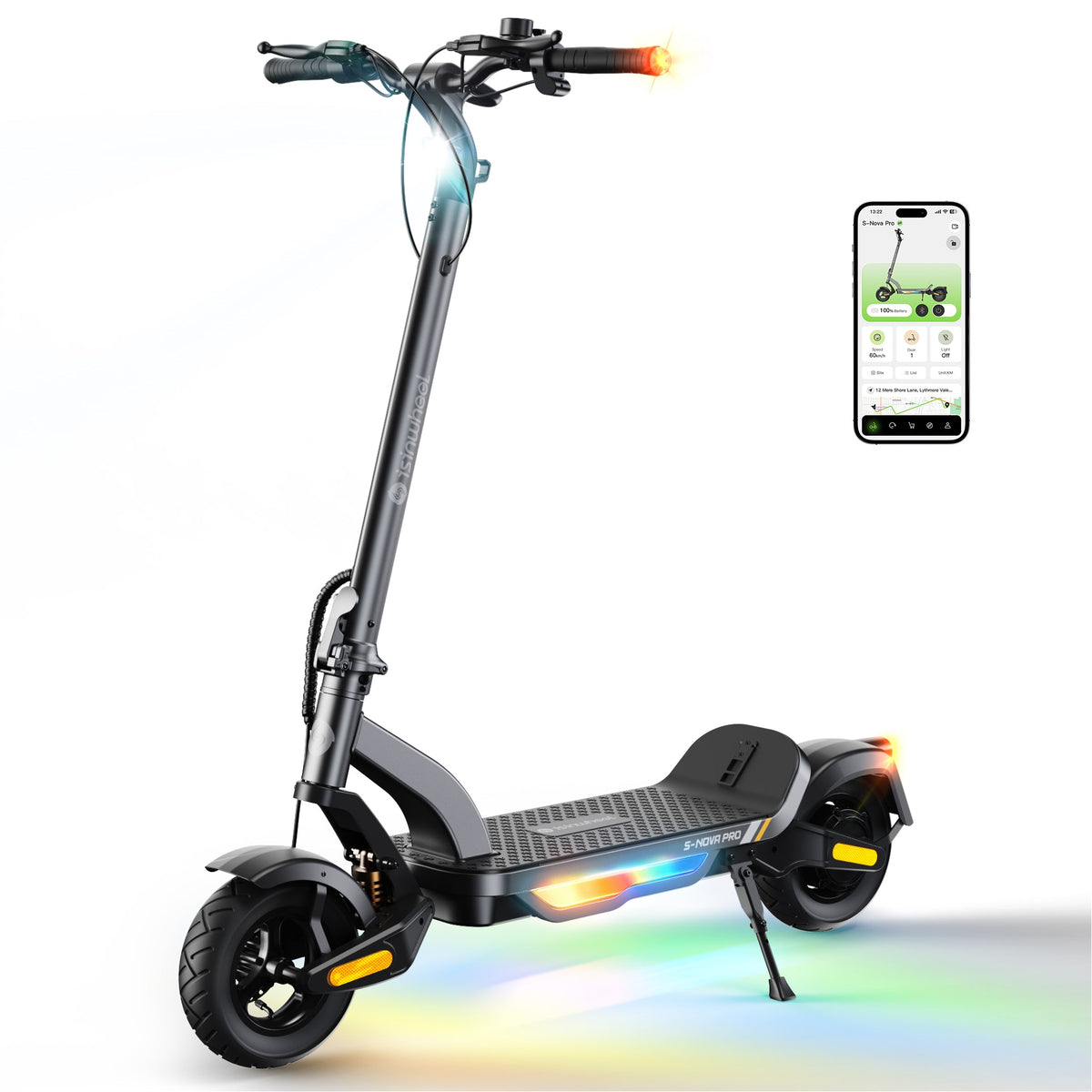 Gray isinwheel S Nova Pro commuter electric scooter with illuminated headlight, turn-signal grips, and RGB ambient deck lighting, shown beside the isinwheel Club app