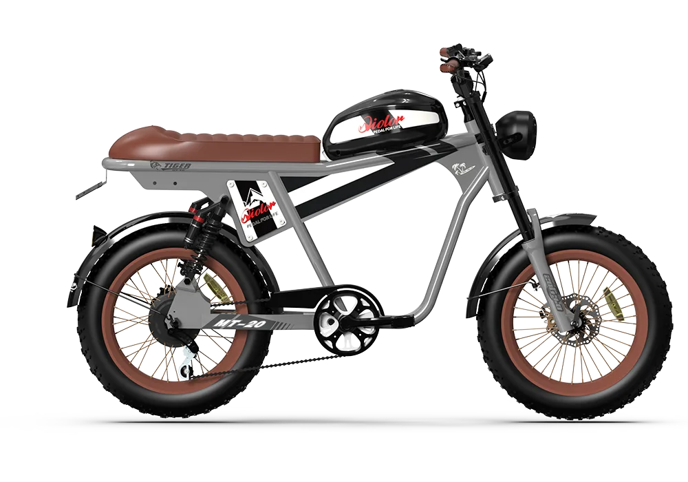 Silver QIOLOR Tiger Plus side view with brown bench seat and front suspension fork