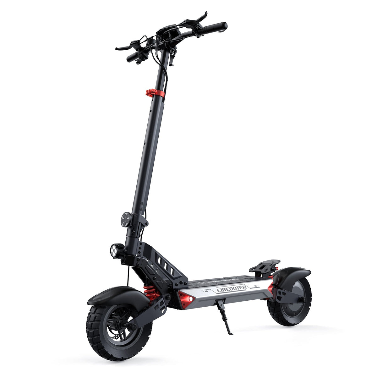 Circooter Landturbo off-road folding electric scooter with single-motor build (1000W or 1500W peak), 10-inch pneumatic all-terrain tires, dual swing-arm suspension, dual disc brakes with EABS electronic anti-lock, 6061 aluminum folding frame, color LCD display, IPX5 water resistance, and UL 2272 testing