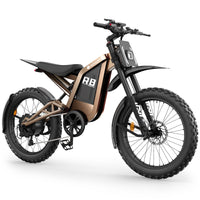 Bronze isinwheel R8 front three-quarter studio view with dual crown fork, moto seat, pedals, rear fender, and wide knobby tires.