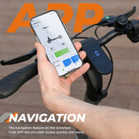 Hand holding the isinwheel Club app on a phone beside the S Nova Pro handlebar, showing route navigation, single mileage, total mileage, lock, and start-mode controls