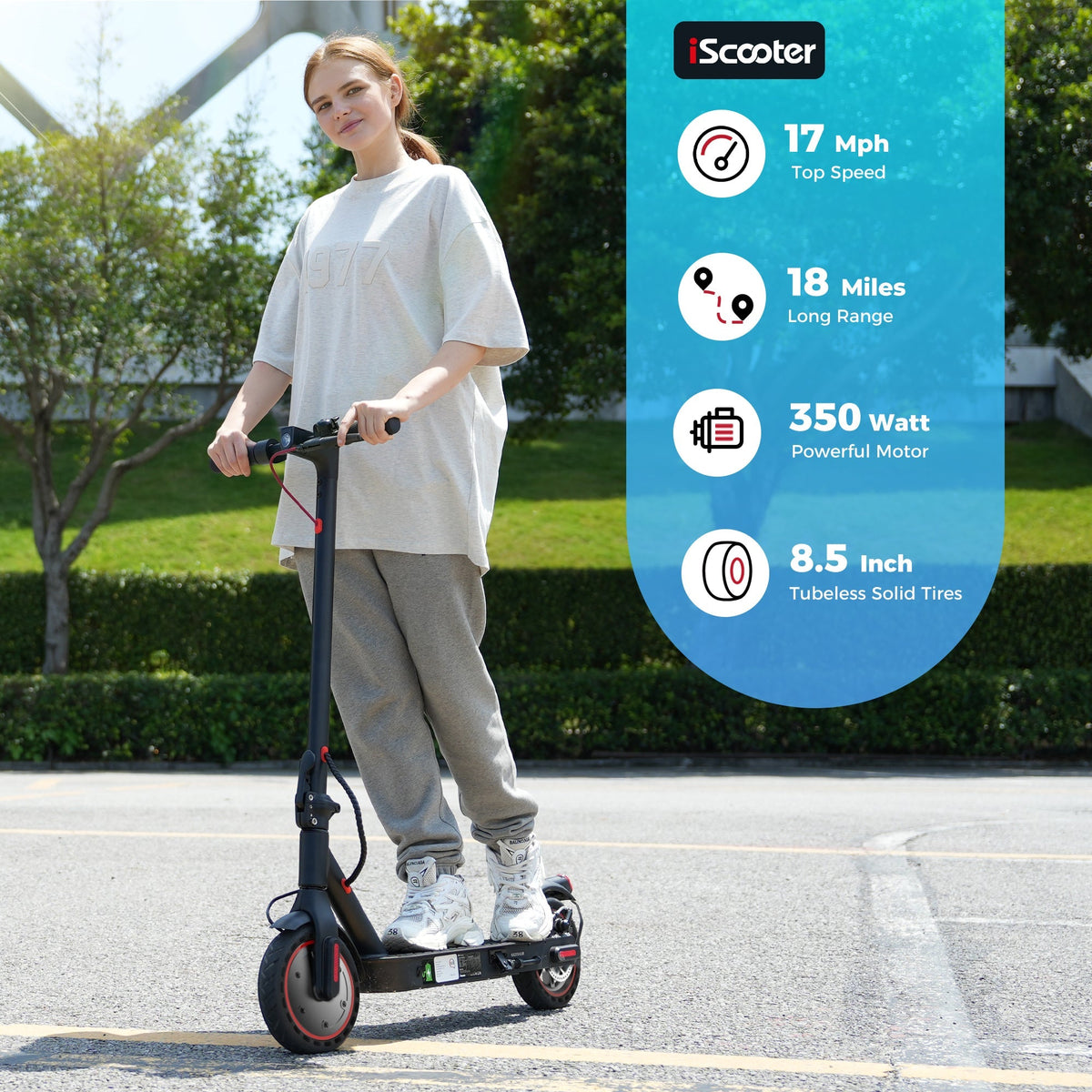 Rider using the iScooter i9 on a sunny path with callouts for 350W motor, 18 mile range claim, 17 mph graphic, and 8.5 inch tires.