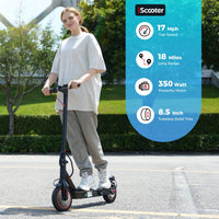 Rider using the iScooter i9 on a sunny path with callouts for 350W motor, 18 mile range claim, 17 mph graphic, and 8.5 inch tires.