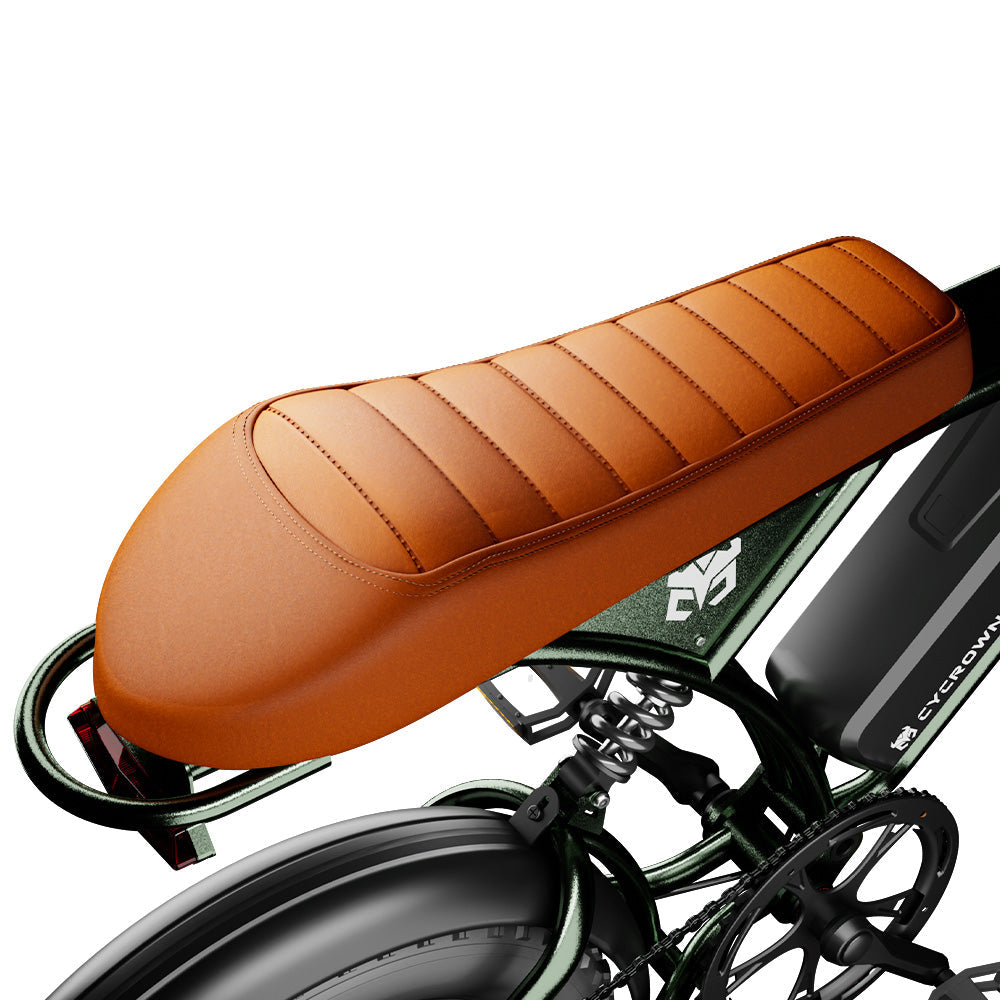 Brown saddle and twin rear suspension springs on the green Run Mini