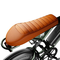 Brown saddle and twin rear suspension springs on the green Run Mini