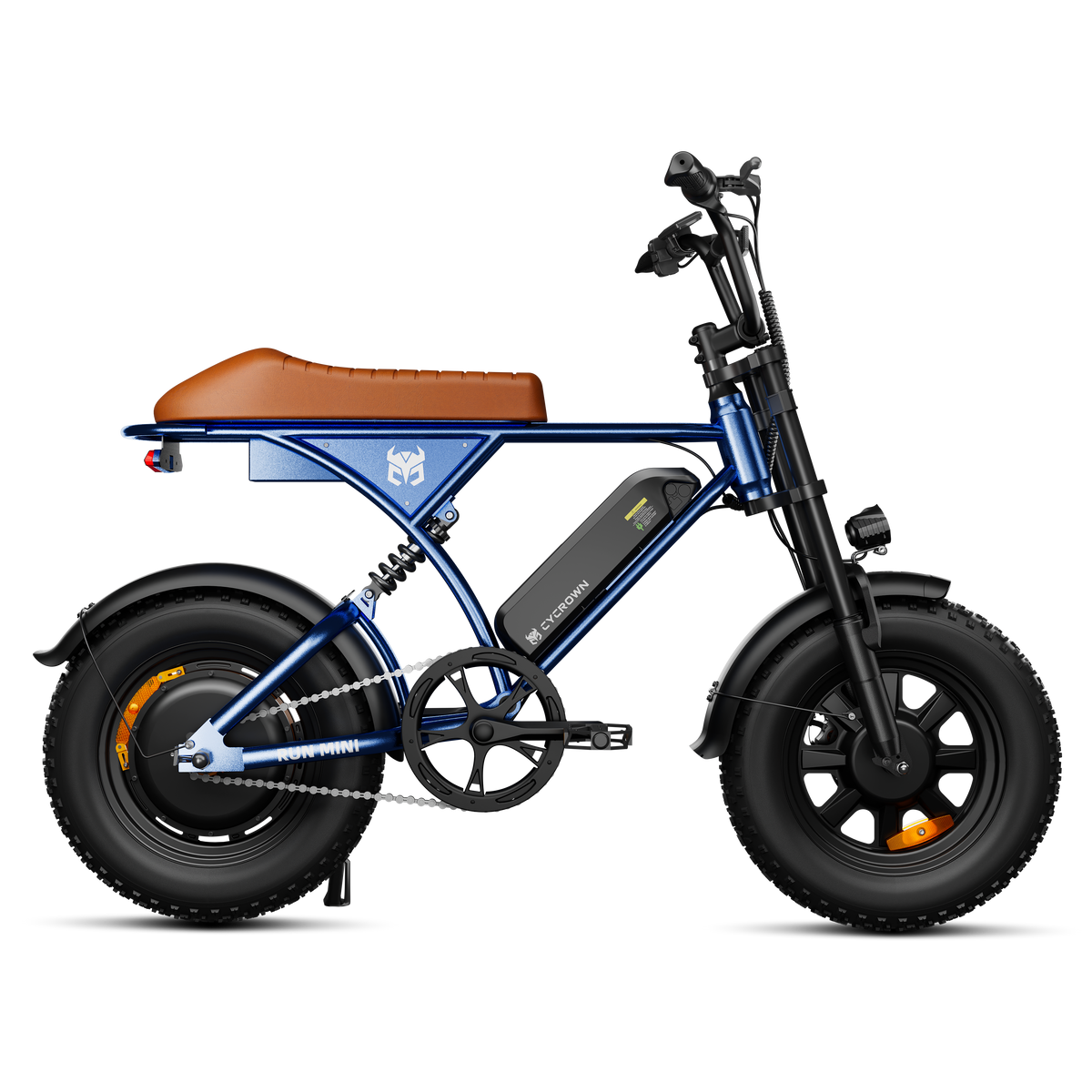 Blue Run Mini moped-style e-bike shown from the side