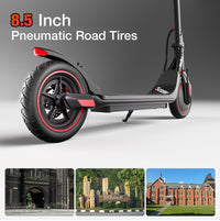 iScooter i8M 350W folding commuter electric scooter with front-wheel drive, 8.5-inch pneumatic tires, rear disc brake plus EBAS electronic anti-lock, three ride modes (6, 12, and 19 mph), folding aluminum frame, 27.7 lb folded weight, LED display, and integrated front and rear LED lighting