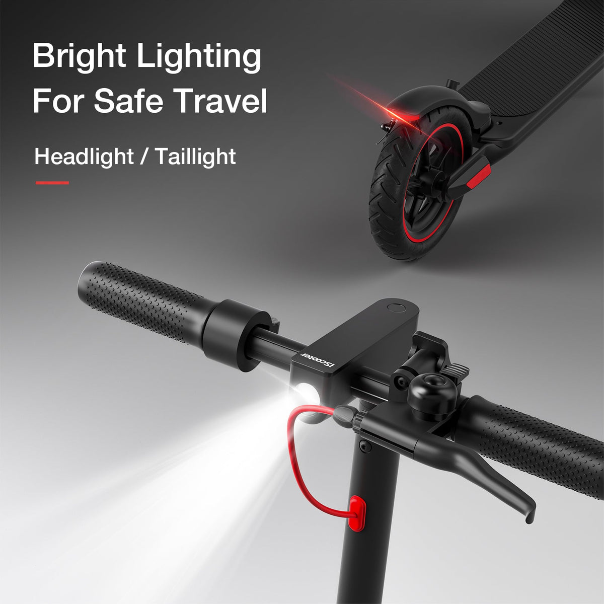 iScooter i8M 350W folding commuter electric scooter with front-wheel drive, 8.5-inch pneumatic tires, rear disc brake plus EBAS electronic anti-lock, three ride modes (6, 12, and 19 mph), folding aluminum frame, 27.7 lb folded weight, LED display, and integrated front and rear LED lighting