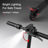 iScooter i8M 350W folding commuter electric scooter with front-wheel drive, 8.5-inch pneumatic tires, rear disc brake plus EBAS electronic anti-lock, three ride modes (6, 12, and 19 mph), folding aluminum frame, 27.7 lb folded weight, LED display, and integrated front and rear LED lighting