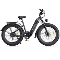 White isinwheel U8 Ultra step-thru fat-tire e-bike side profile with rear rack, front suspension, fenders, and 26 by 4 inch tires.