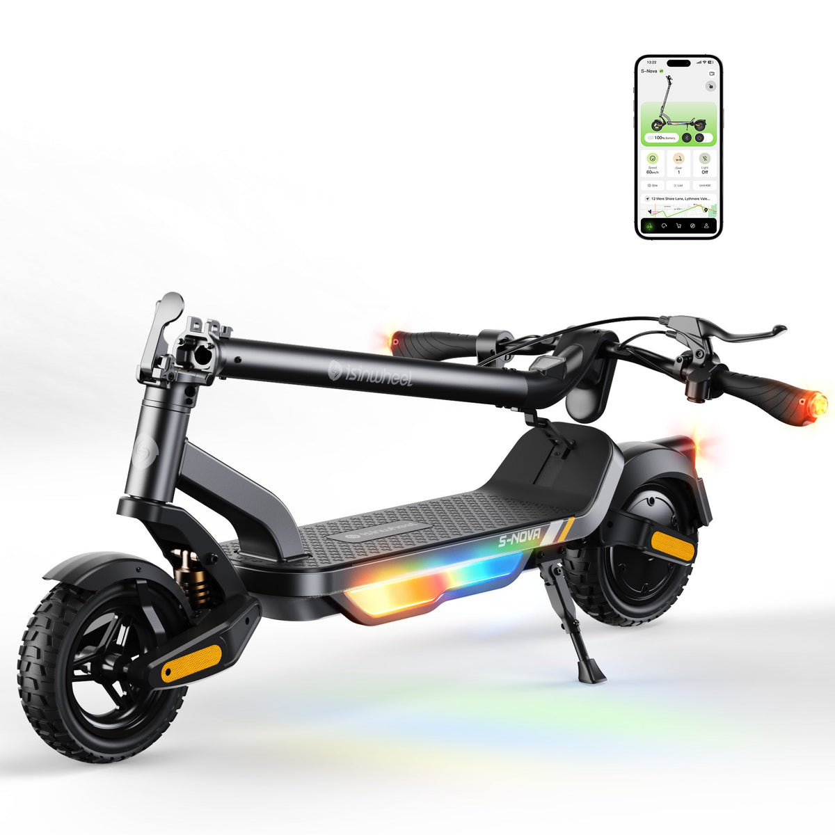 Folded white isinwheel S Nova resting on its kickstand with the stem folded along the deck and the multi-color ambient light active, beside the isinwheel Club app screen
