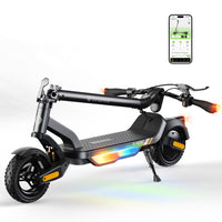 Folded white isinwheel S Nova resting on its kickstand with the stem folded along the deck and the multi-color ambient light active, beside the isinwheel Club app screen