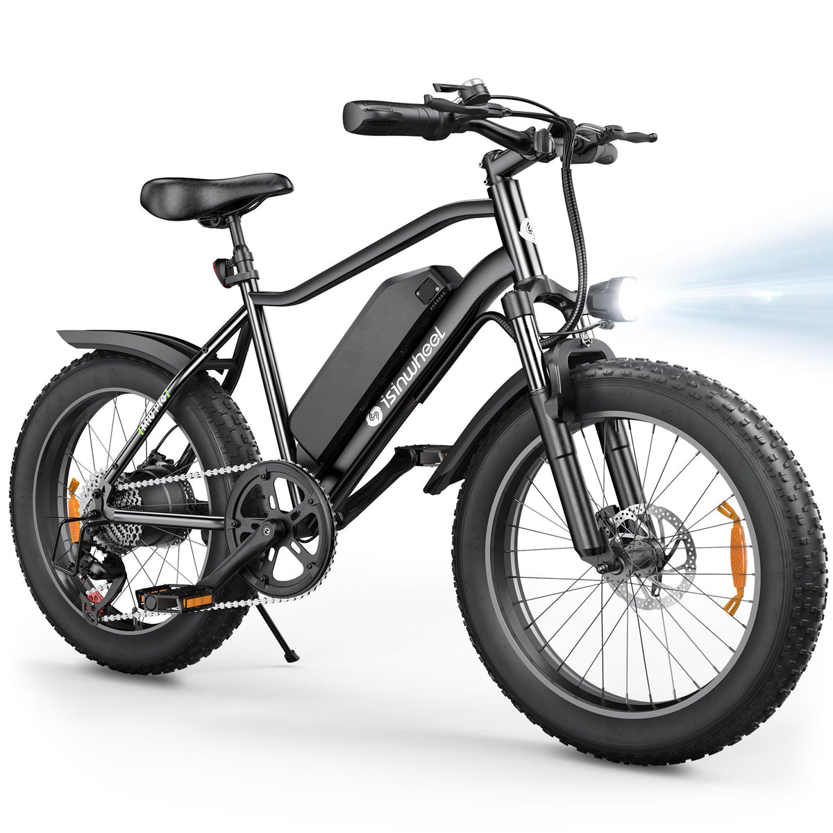 Rear three-quarter view of the isinwheel M10Pro with headlight and rear rack