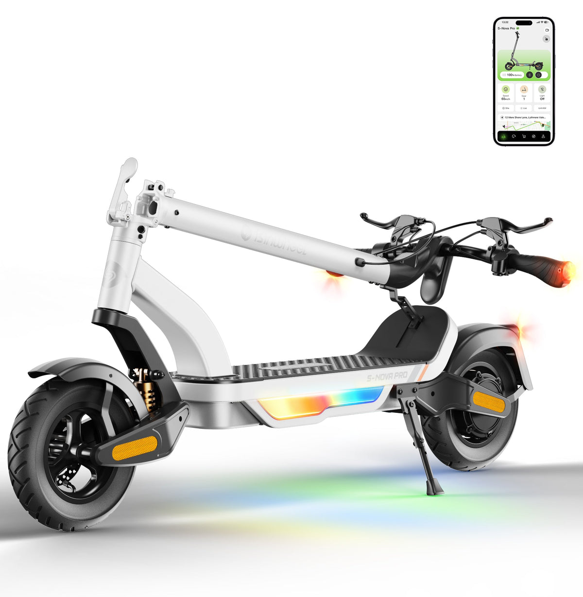 Folded white isinwheel S Nova Pro resting on its kickstand with the stem folded along the deck, beside the isinwheel Club app screen