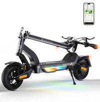 Folded gray isinwheel S Nova Pro resting on its kickstand with the stem folded along the deck, beside the isinwheel Club app screen