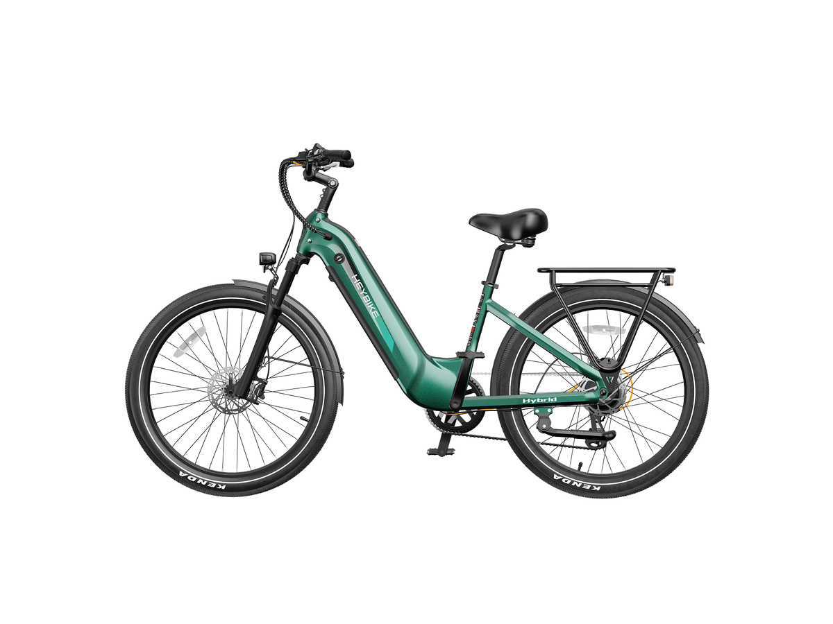 Heybike Hybrid Class 2/3 electric commuter bike with 750W rated rear-hub motor, 27.5 by 2.4 inch KENDA tires, Tektro hydraulic disc brakes, Shimano Altus 8-speed gearing, 6061 aluminum frame, hydraulic front fork, integrated turn-signal lighting, and an 864Wh battery on a UL 2849 certified electrical system