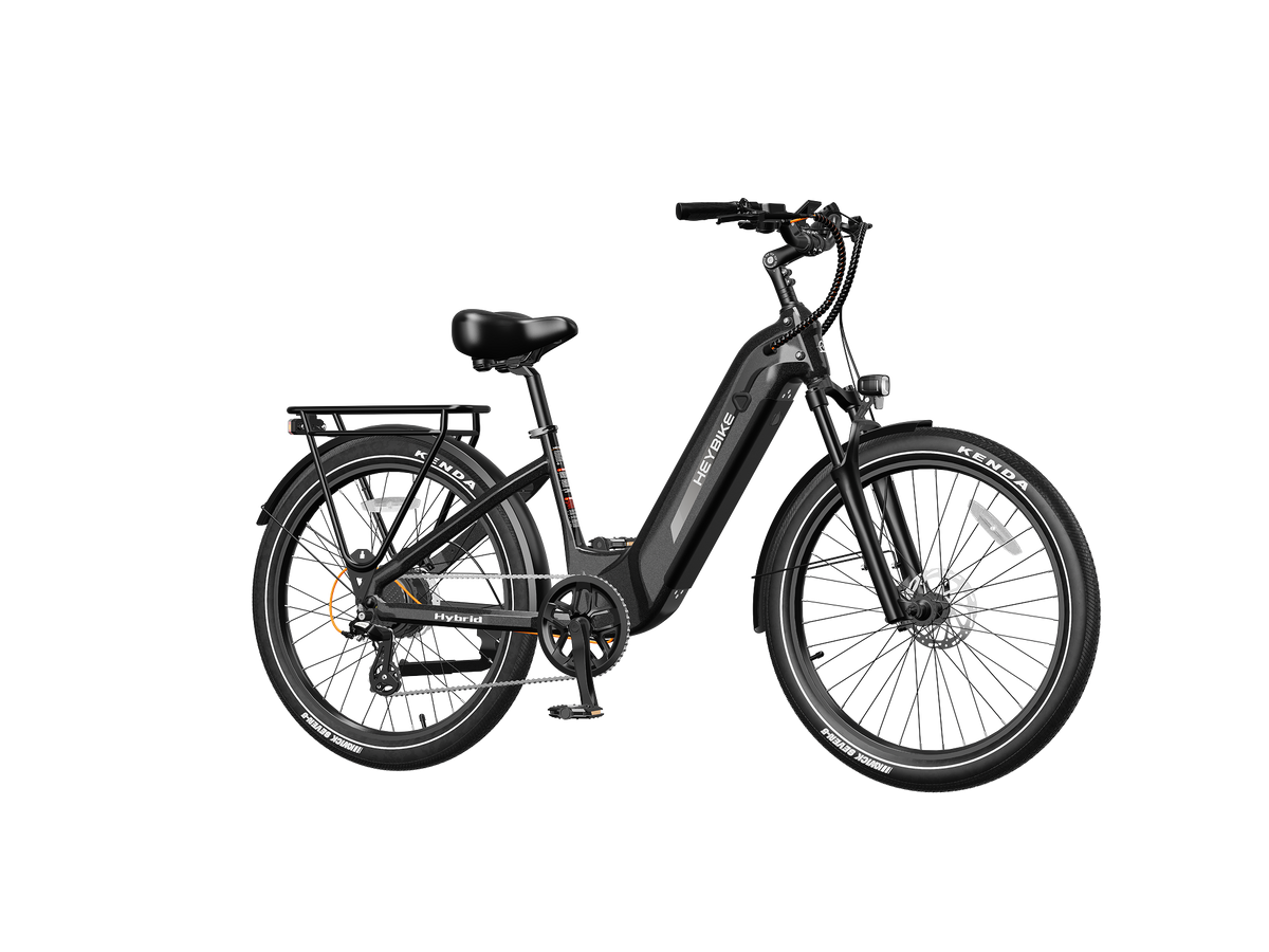 Heybike Hybrid Class 2/3 electric commuter bike with 750W rated rear-hub motor, 27.5 by 2.4 inch KENDA tires, Tektro hydraulic disc brakes, Shimano Altus 8-speed gearing, 6061 aluminum frame, hydraulic front fork, integrated turn-signal lighting, and an 864Wh battery on a UL 2849 certified electrical system