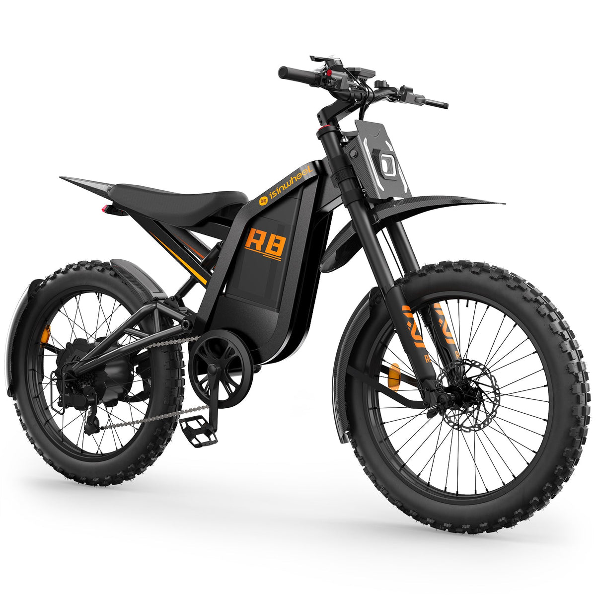 isinwheel R8 feature graphic with 3000W peak motor, 35 mph top speed, 1296Wh battery label, 150 mile range claim, NFC unlock, and 330 lb load.