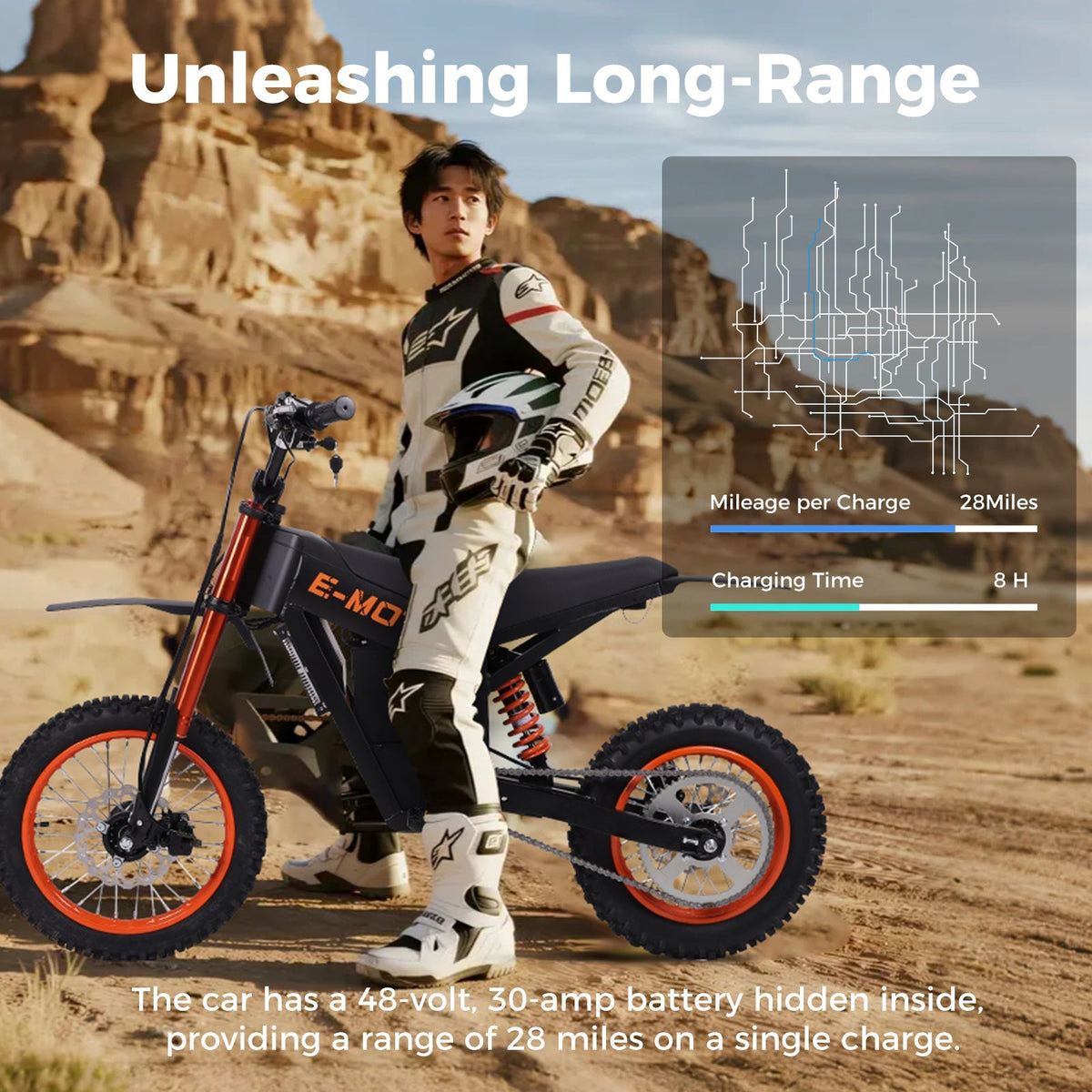 Rider seated on a Freeboy Y01 electric dirt bike in rocky desert terrain