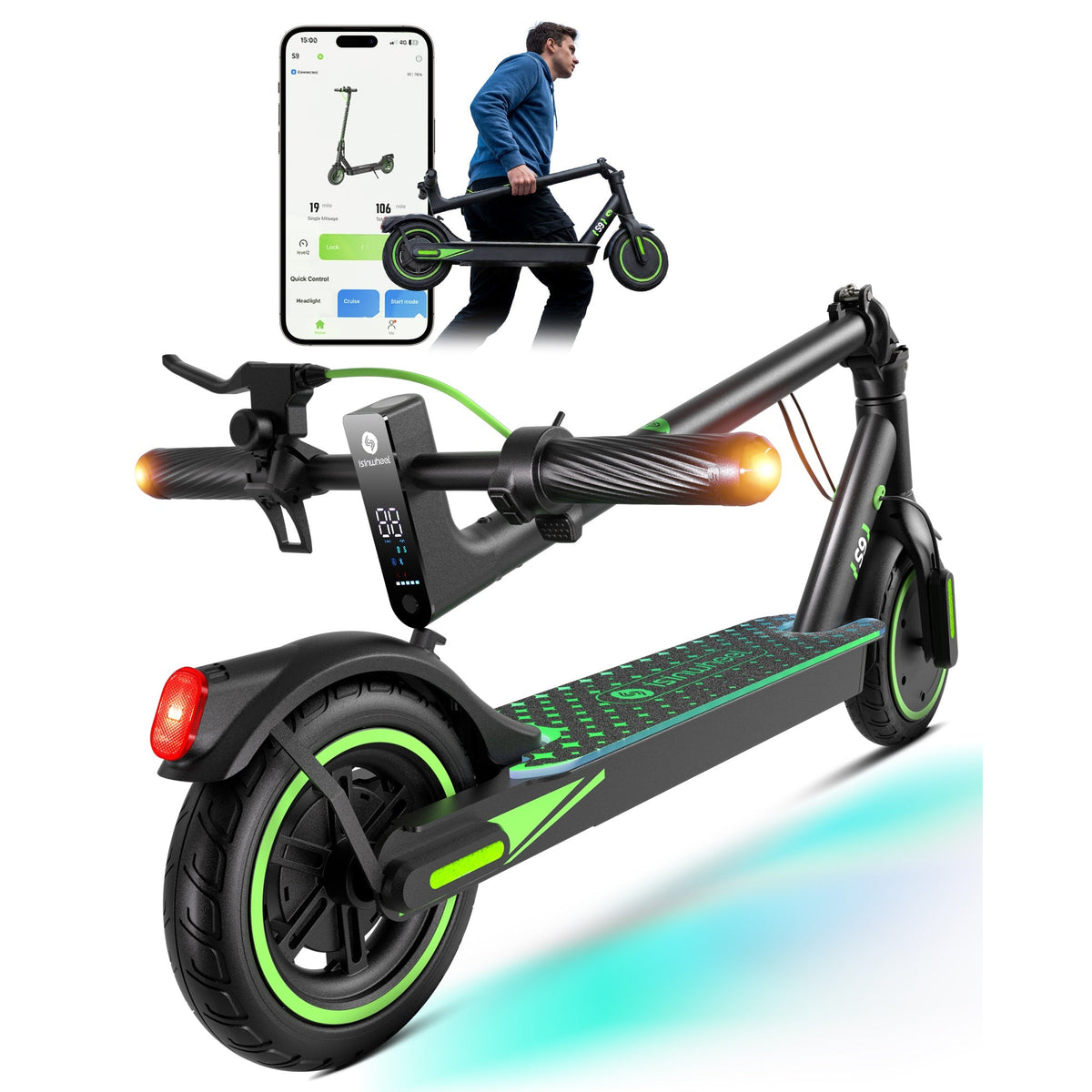 Detailed front three-quarter view of the isinwheel S9 Pro showing the display, handlebar controls, turn signals, taillight, and 8.5-inch rear pneumatic tire, with a small inset of a rider carrying the folded scooter