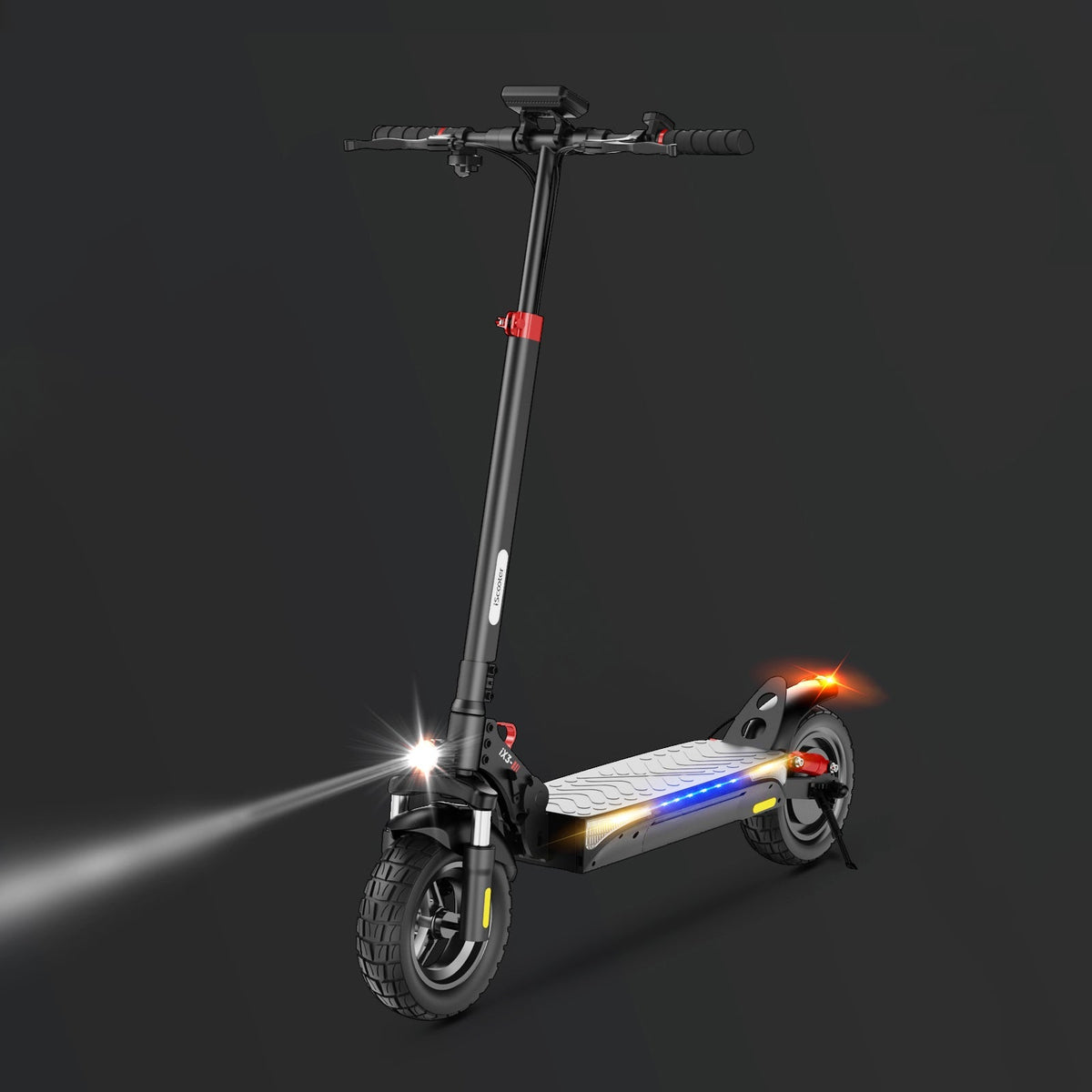 iScooter iX3 800W budget off-road folding electric scooter: 48V peak 800W brushless rear motor, 24 mph, 720Wh battery, 10-inch off-road pneumatic tires, dual disc + E-ABS, dual suspension, turn signal indicator, 52.2 lb folded, IPX4