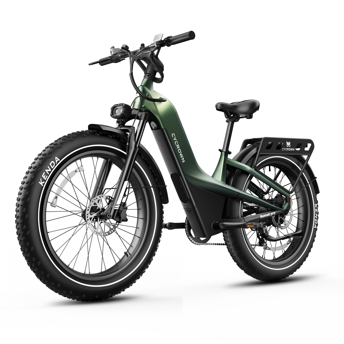 Front three-quarter studio view of the alpine green Nomad Pro with hydraulic fork and fat tires.