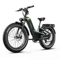Front three-quarter studio view of the alpine green Nomad Pro with hydraulic fork and fat tires.