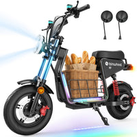 Front three-quarter view of the isinwheel H7 seated scooter carrying bread in its center basket with mirrors shown beside it