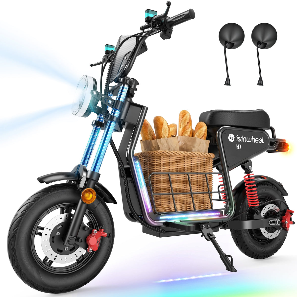 Front three-quarter view of the isinwheel H7 seated scooter carrying bread in its center basket with mirrors shown beside it