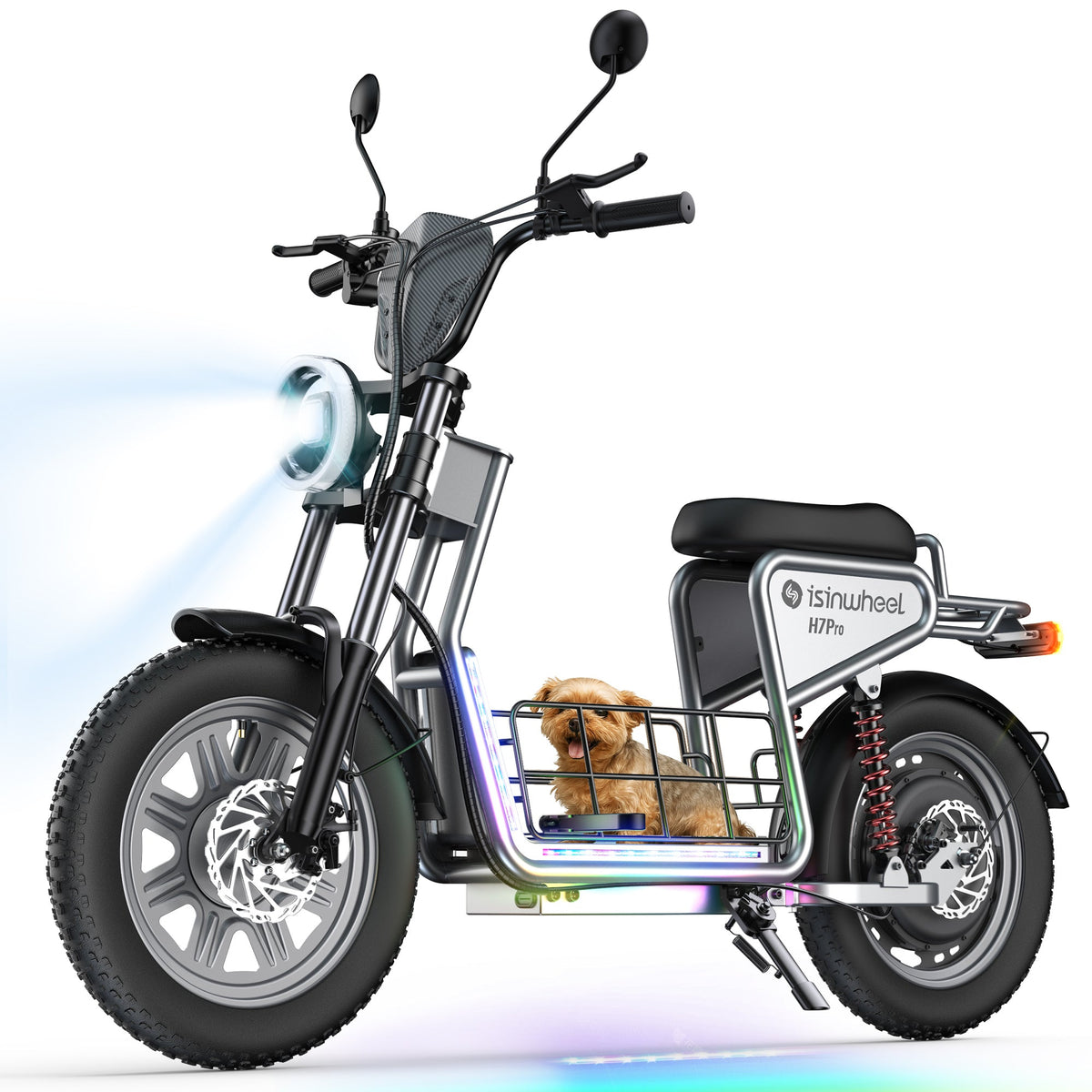 Gray H7Pro with front headlight beam and colorful under-deck lighting visible