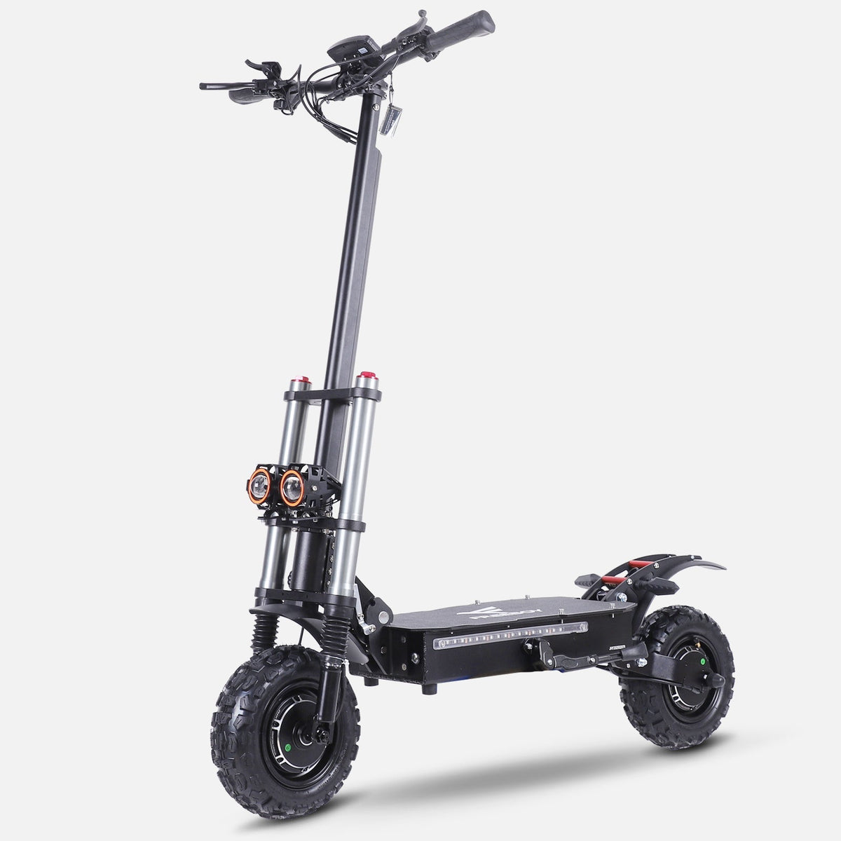 Freeboy J30 MAX black standing electric scooter with twin front lamps and knobby tires on white