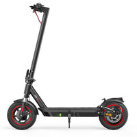 iScooter i10 mid-tier folding commuter electric scooter: 42V peak 650W brushless motor, 25 mph, 4 speed modes, 10-inch pneumatic tires, EBAS front brake plus rear disc, front and rear suspension, IP54, iScooter app, 44 lb net, 264 lb max load