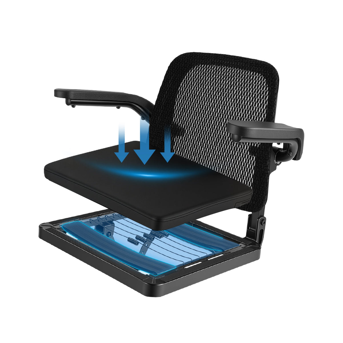 ScootNGo Voyager seat cushion over blue foot platform with comfort arrows