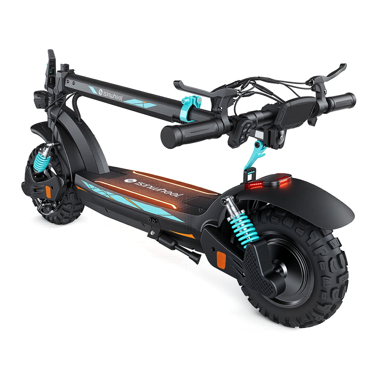 Rear three-quarter view of the folded GT2 Pro with handlebar controls, rear fender, and suspension visible