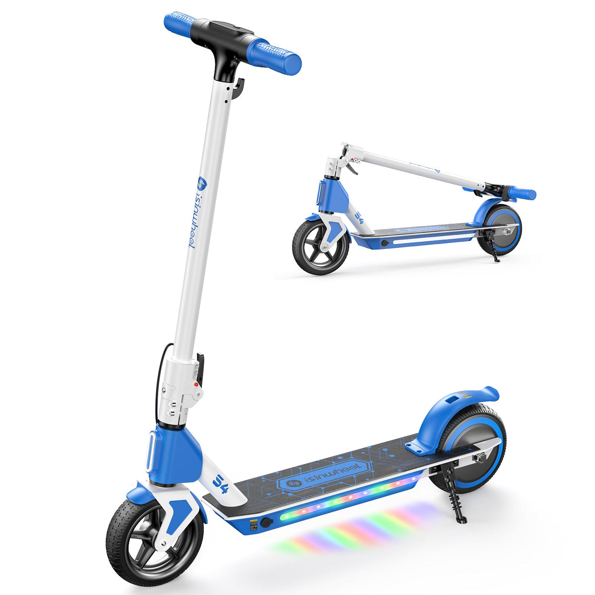 Blue isinwheel S4 shown upright and folded with LED deck lights