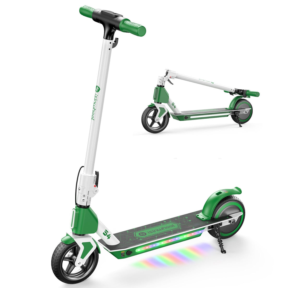 Green isinwheel S4 shown upright and folded with LED deck lights